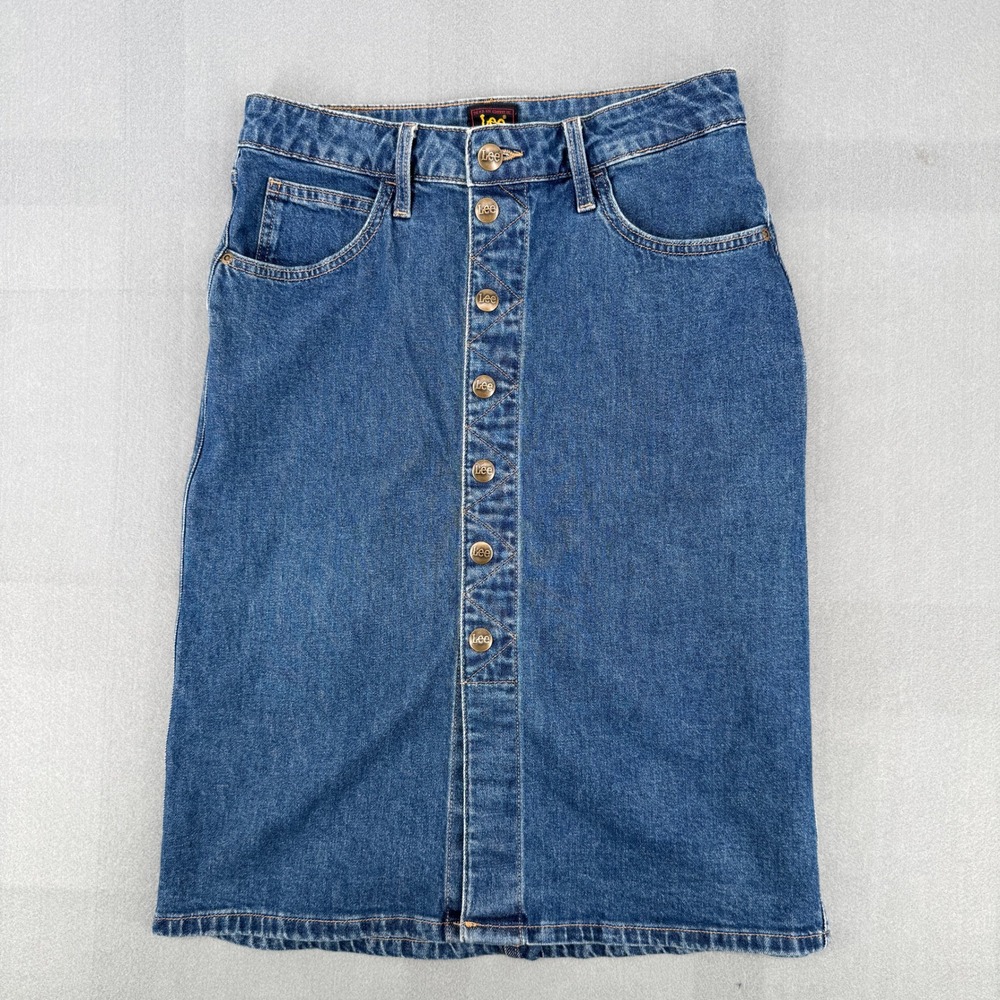 Lee Snap Front Stretch Denim Skirt 2 Blue Cotton‎ Western Preppy Americana Boho